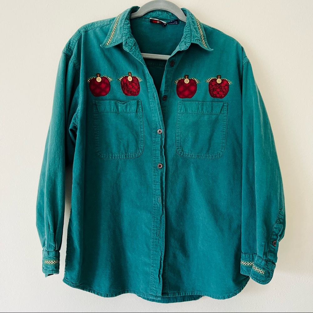 vintage 90s apple button down shirt blouse green cotton appliqué long sleeve top - Picture 5 of 6